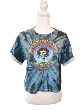 Alice + Olivia Blue Tie-Dye Grateful Dead Skull Graphic Crop Top Tee Size XL